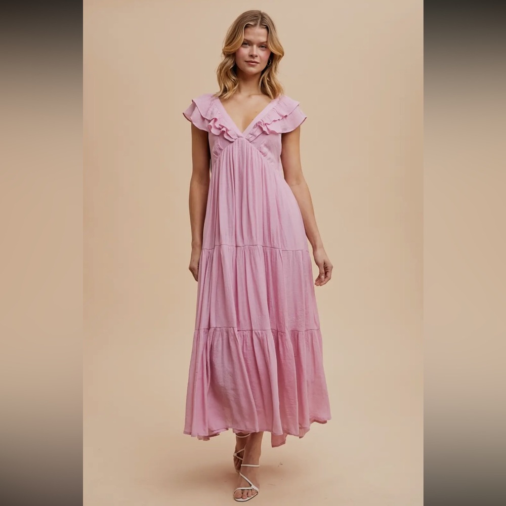 Pink Flutter Sleeve Maxi Sundress for Wedding Guest - Picture 1 of 3